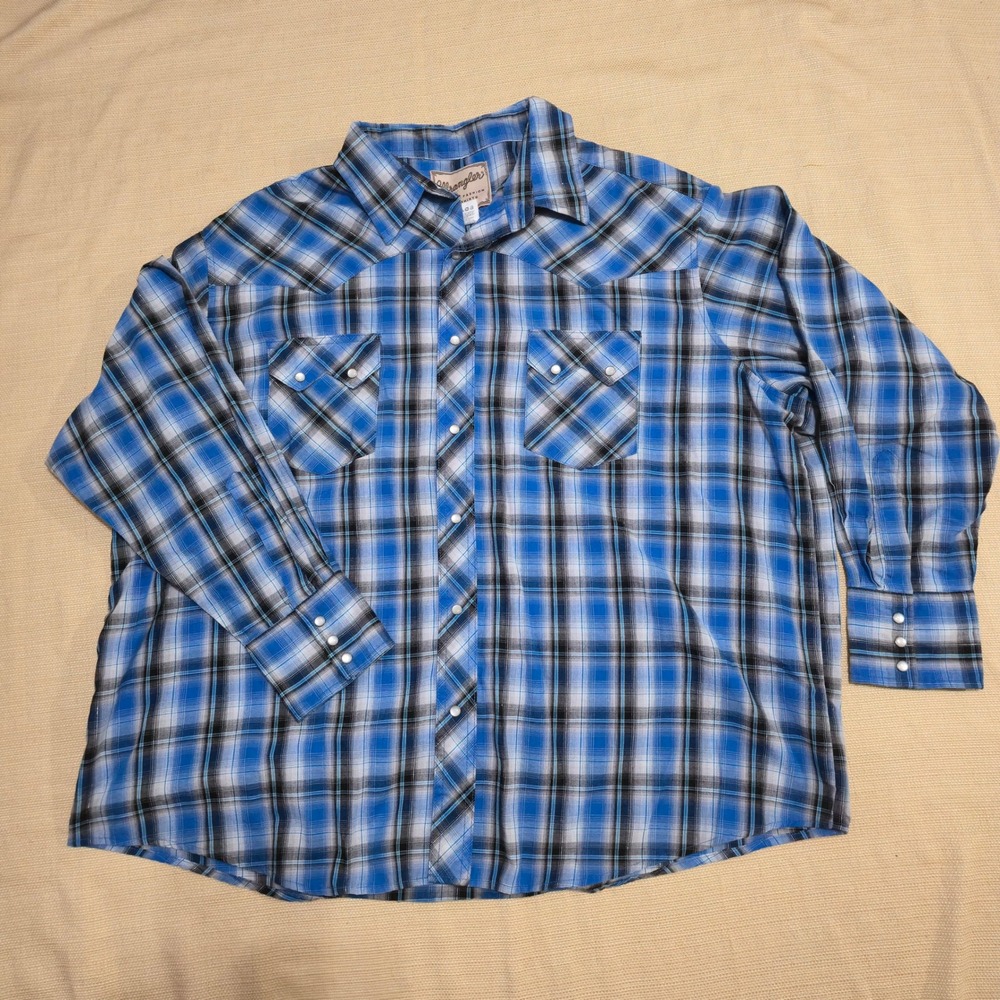 Wrangler Western Fashion Snap Shirt Mens 2XL Blue Plaid Metallic WM134BL Cowboy